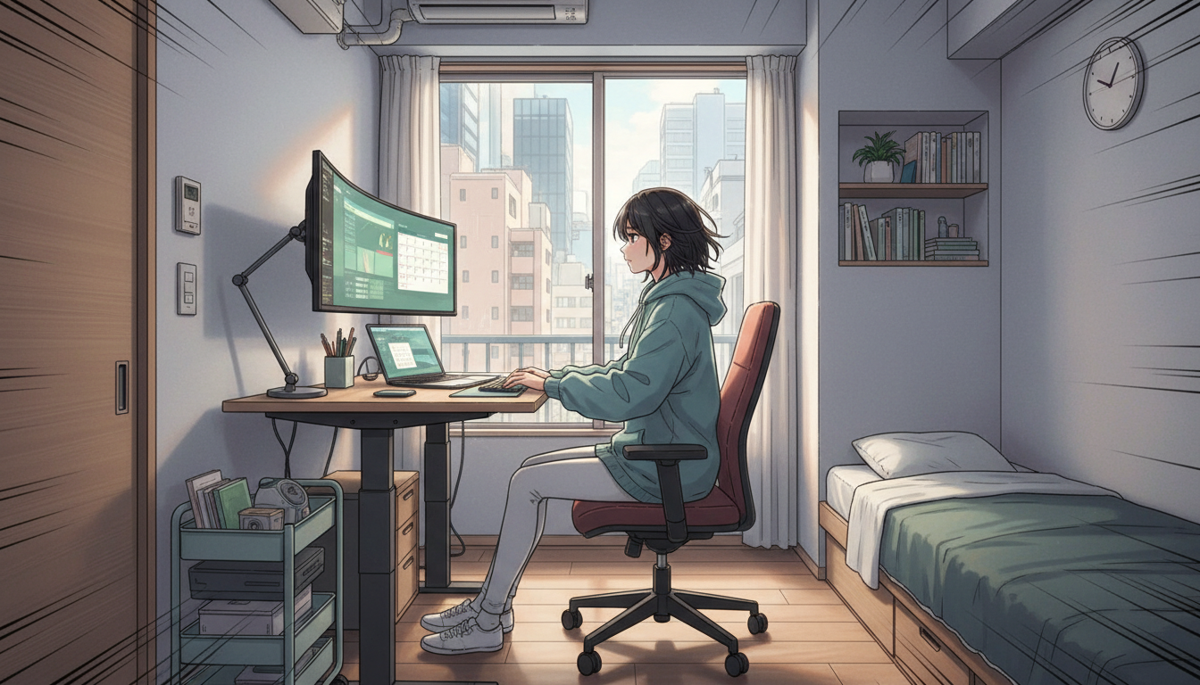 狭い部屋でも昇降式PCデスクは、あなたの時間を生み出す最強ツール!